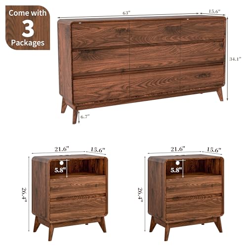 3-Piece Mid-Century Modern Bedroom Dresser and Nightstand Set with Charging