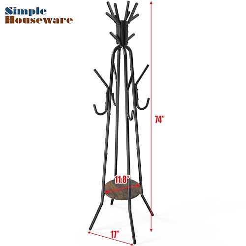 Industrial Standing Coat Rack with 20 Hooks and Storage Shelf, Rustic Brown