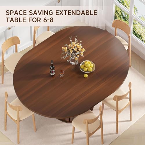 Extendable Round Dining Table with Storage Base, 47"-63" Walnut Wood Oval Table