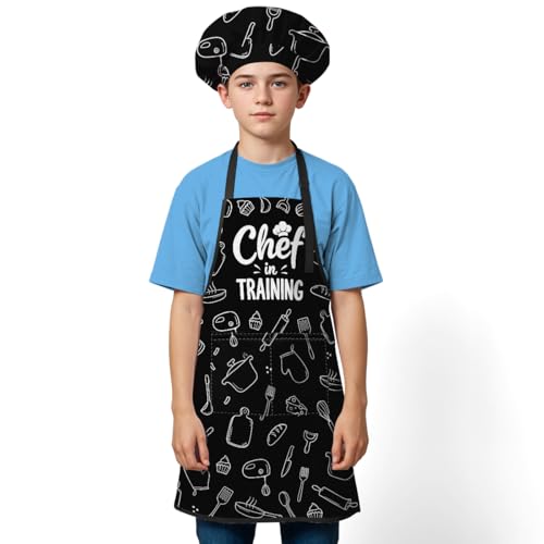 Kids Kitchen Apron and Chef Hat Set for Cooking and Baking