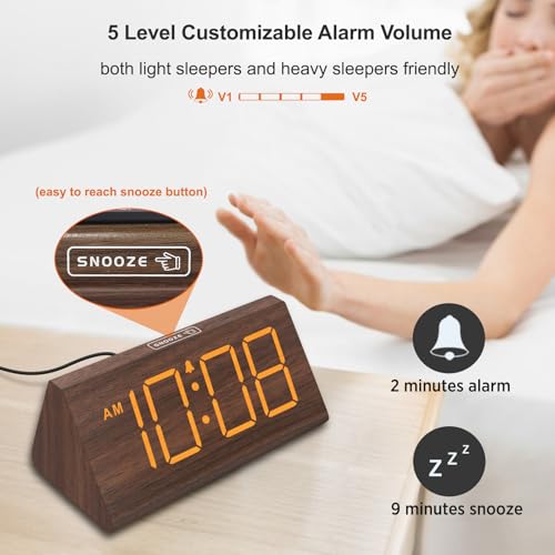 Wooden Digital Alarm Clock with Large Display, USB Charging Port & Dimmer