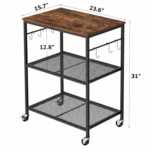 3-Tier Rolling Kitchen Utility Cart with Microwave Shelf and 6 Hooks