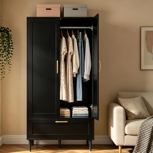 Modern 2-Door Bedroom Wardrobe with Hanging Rod and Drawer, 60-Inch Black