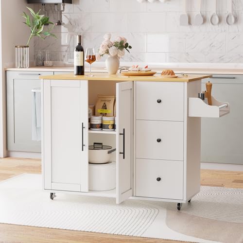 49.6-Inch Rolling Kitchen Island with Drop Leaf, Storage Cabinet, and Spice Rack