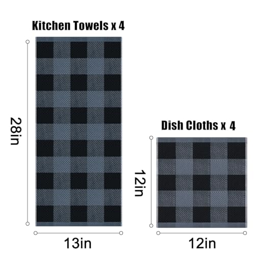 8-Piece Cotton Waffle Weave Kitchen Towel and Dishcloth Set - Black & Grey