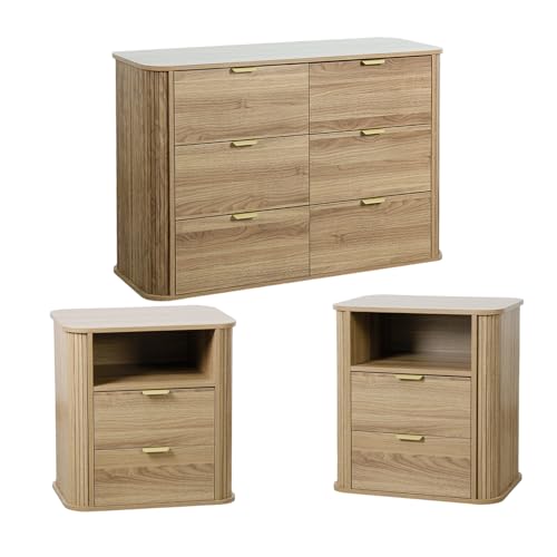 3-Piece Fluted Bedroom Furniture Set: 6-Drawer Dresser & 2 Nightstands