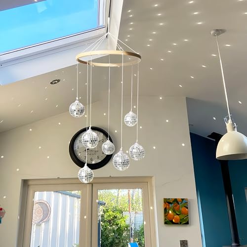 Hanging Disco Ball Mobile with Bamboo Circle for Garden and Patio Decor