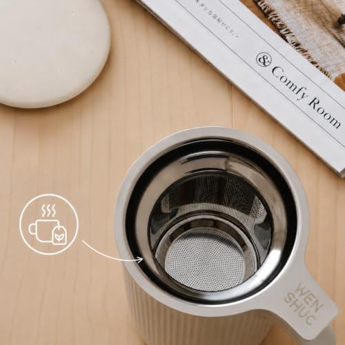 WENSHUO 20 oz Matte Crème Ceramic Tea Infuser Mug with Lid & Fine Mesh Filter
