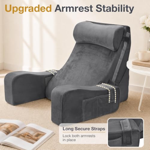 Adjustable 15-25 Inch Reading Pillow with Armrests - Dark Grey