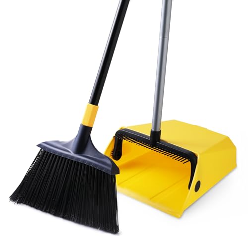 Commercial Heavy Duty Broom and Dustpan Set with Built-In Comb & Long Handle