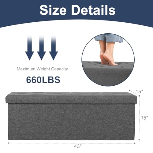 43-Inch Folding Storage Ottoman Bench with Padded Linen Seat - Grey