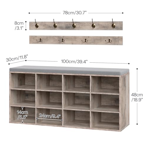 Entryway Shoe Storage Bench with 12 Cubbies and Padded Seat - 39.4 Inch Gray