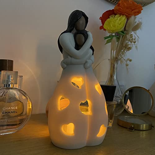 Mother and Daughter Hand-Painted Candle Holder Statue with LED Candle