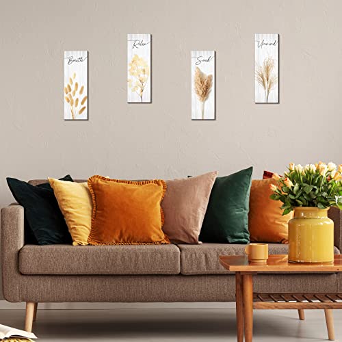 4-Piece Boho Wooden Bathroom Wall Art Set, Rustic Relax Soak Unwind Decor