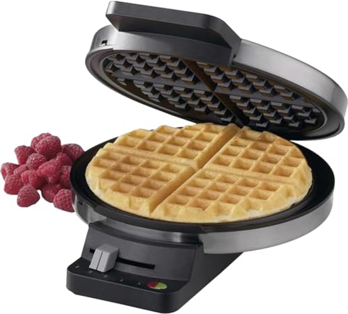 Round Classic Waffle Maker with 5 Browning Settings, 1250W Stainless Steel