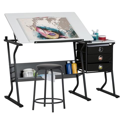Adjustable Drafting Table and Stool Set with Storage Drawers
