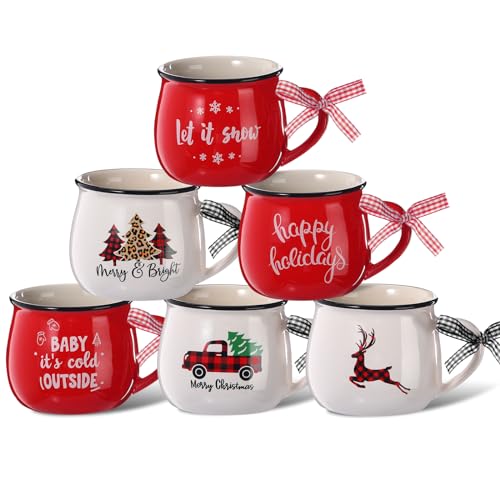 Sawysine 6-Piece Christmas Mugs Gift Set with Buffalo Bows - Elegant Holiday Ceramic Cups (12 oz)