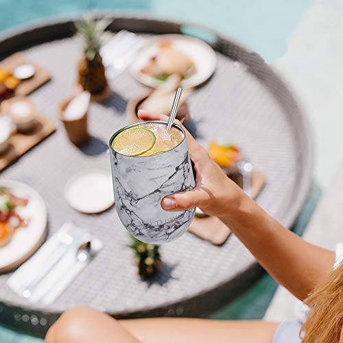 THILY 12oz Stainless Steel Stemless Wine Tumblers 4 Pack White Marble — Vacuum Insulated, Sliding Lids & Straws