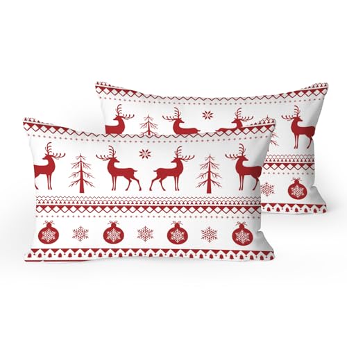 Christmas Reindeer Pillowcases Set of 2 - Red Holiday 20 x 28 Inch Decorative Pillow Covers - Variation: Red Deer / 28" x 20"