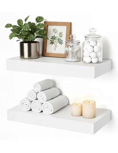 12-Inch White Floating Wall Shelves - Set of 2 Modern Wooden Hanging Shelves