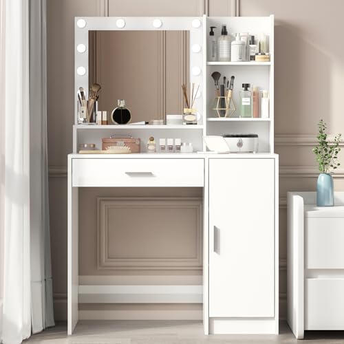 Vanity Desk with Mirror and LED Lights, Dressing Table with Storage Drawers