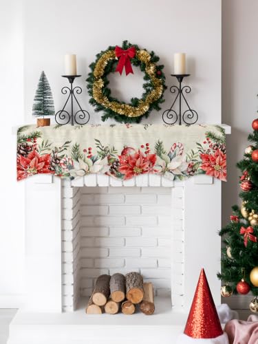 Dayforbarley Christmas Red Poinsettia Mantel Scarf 90x17 Inches with Beige, Green & Red Variation
