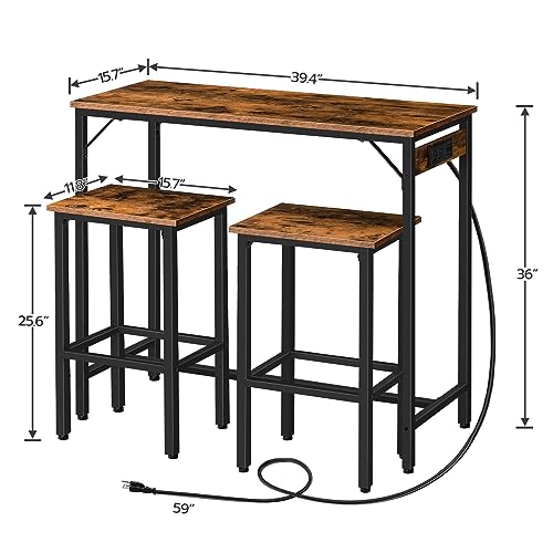 3-Piece Industrial Bar Table Set with Power Outlets and 2 Stools