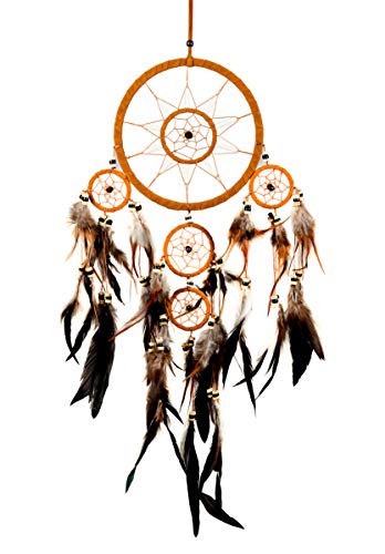 Brown Suede Dream Catcher - 28-Inch Handcrafted Wall Hanging with Feathers