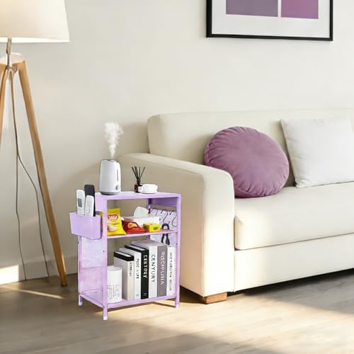 Small Purple Metal Nightstand with Storage Hooks and Adjustable Shelf