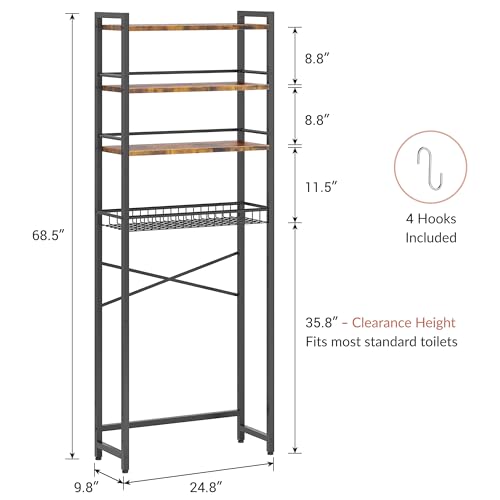 4-Tier Over-the-Toilet Storage Shelf with Basket and Hooks, Rustic Brown