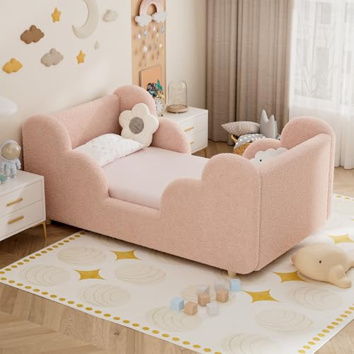 Upholstered Toddler Floor Bed, Convertible Montessori Kids Bed with Guardrails