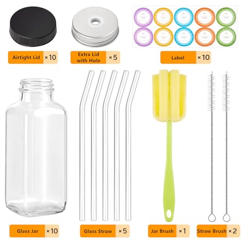 TUZAZO Glass Juice Bottles with Lids - 12oz Reusable Clear Drink Containers (10 Pack)