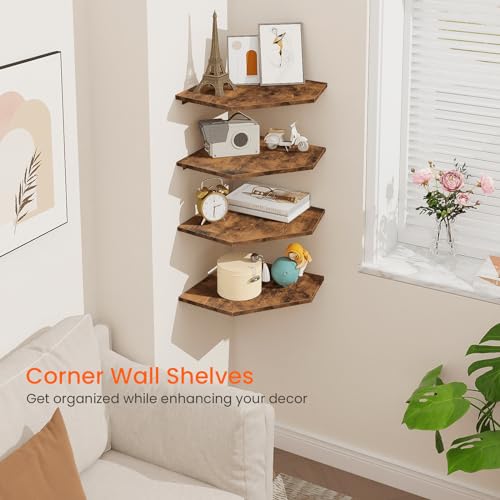 Set of 4 Floating Corner Shelves with Cable Management - Rustic Brown