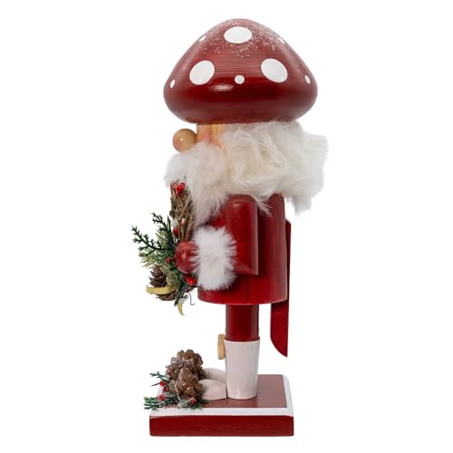 Wooden Santa Nutcracker with Mushroom Topper - 9-inch Holiday Decor