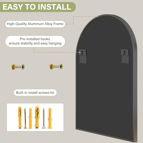 24x36 Arched Wall Mirror - Black Metal Frame Vanity Mirror for Bathroom