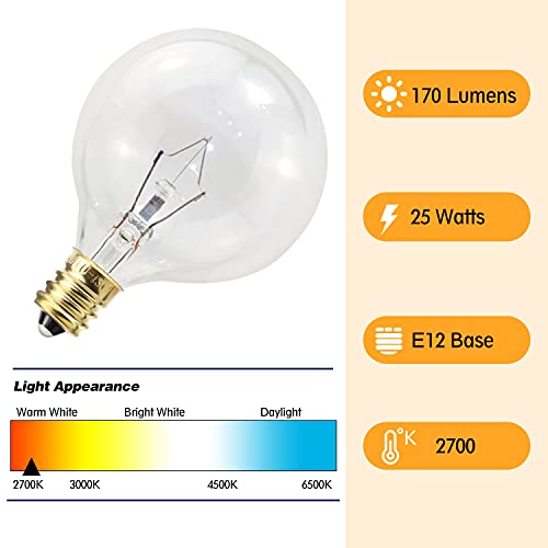 25 Watt Wax Warmer Light Bulbs, G50 E12 Candelabra Base, 6 Pack