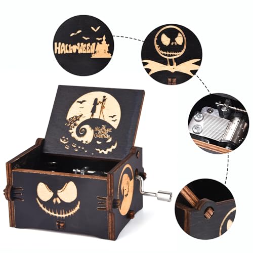 Engraved Wooden Hand-Crank Music Box - Halloween Themed Melody Gift