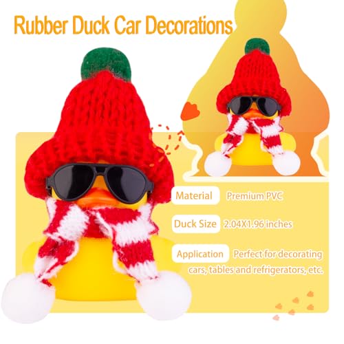 MuMyer Christmas Rubber Duck Car Ornament with Beanie, Sunglasses & Scarf - Black Sunglasses, Red & Red-White Hat, 2 Inches - Holiday Dashboard Decor