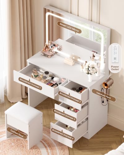 35.4" White Vanity Desk Set with LED Mirror, Charging Station & Stool