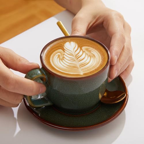 Pokini Sage Green Stoneware Coffee Cups & Saucers Set of 4, Espresso Mug Set