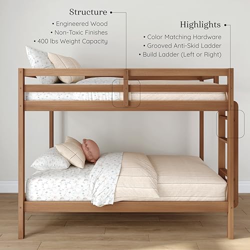 Twin Over Twin Bunk Bed with Guardrails and Reversible Ladder, Oak