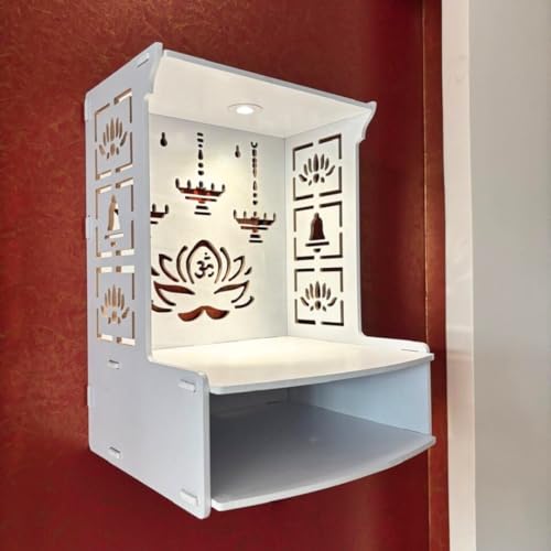 Small White Wooden Wall Mounted Pooja Mandir with LED Light & Storage Shelf - DIY Home Temple