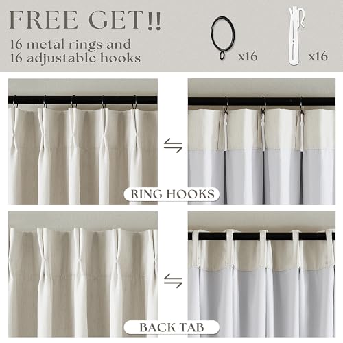 100% Blackout Pinch Pleat Linen Curtains, 2 Panels (90 Inch, Cream)