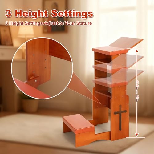 Folding Prayer Kneeler Bench with Bookshelf - Adjustable Wooden Prayer Stool