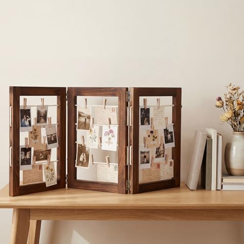 Rustic 3-Panel Wooden Photo Display Board with 60 Clips, 14 x 30 Inch
