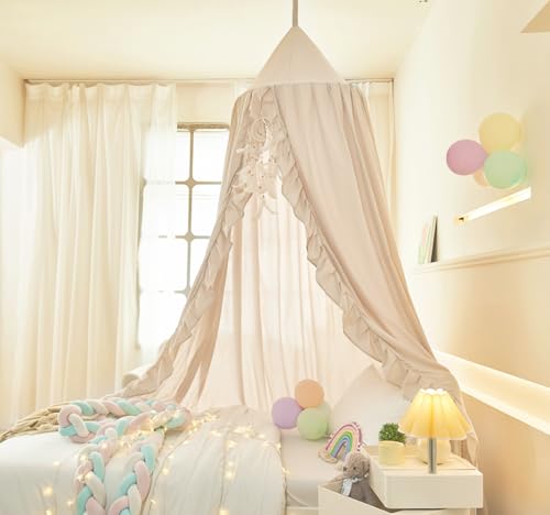 Ruffled Bed Canopy for Girls - Hanging Dome Princess Curtain & Play Tent (Ivory)
