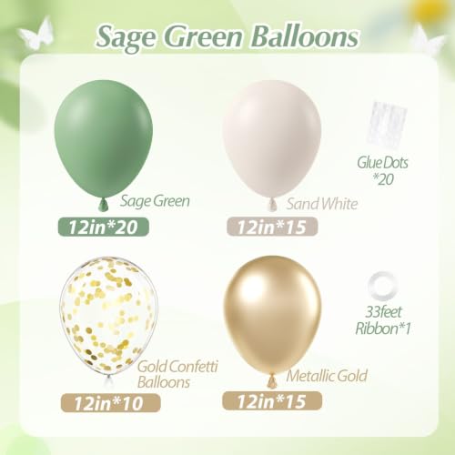 12-Inch Sage Green Balloons with White & Gold Confetti – Pack of 60 (Variation: Green Sand White)