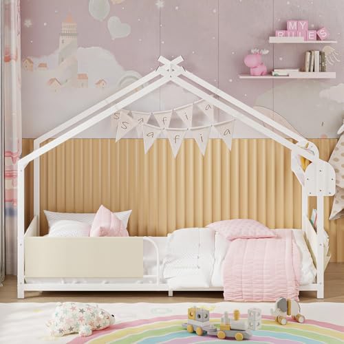 Twin Size Montessori House Bed Frame with Storage Shelf and Guardrails