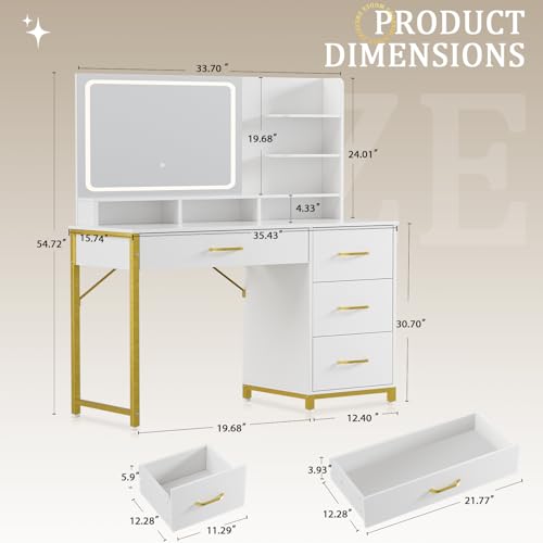 Modern Makeup Vanity Desk with Lighted Mirror, 4 Drawers & Storage Shelves
