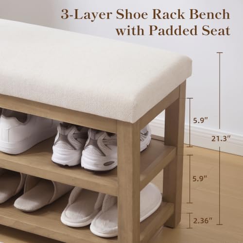 2-Tier Solid Wood Shoe Bench with Linen Cushion - 39.4-Inch Storage Rack